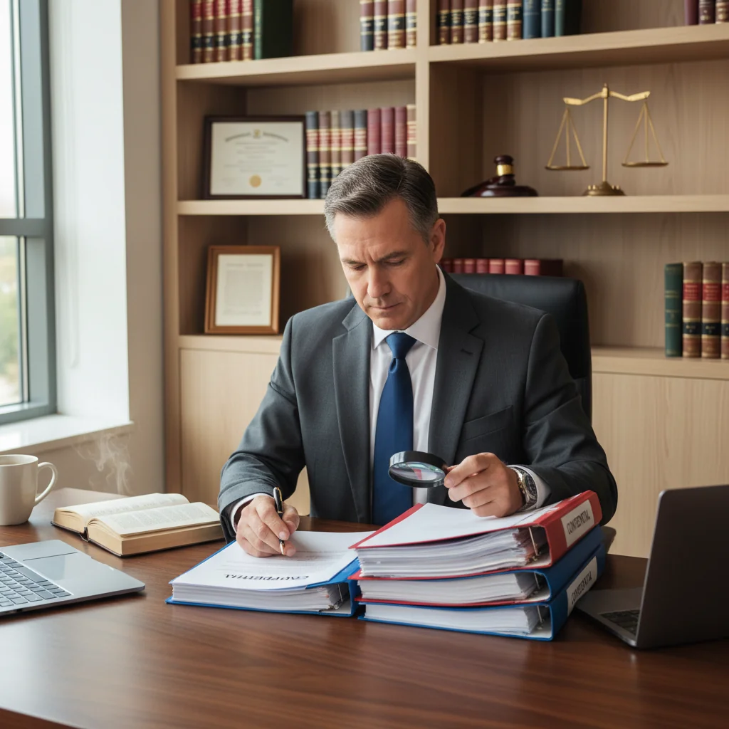 A photorealistic image of a professional adult lawyer in a modern office setting, reviewing important legal documents on a desk with symbols of justice like a gavel and scales in the background, conveying trust and reliability without showing the affidavit itself.