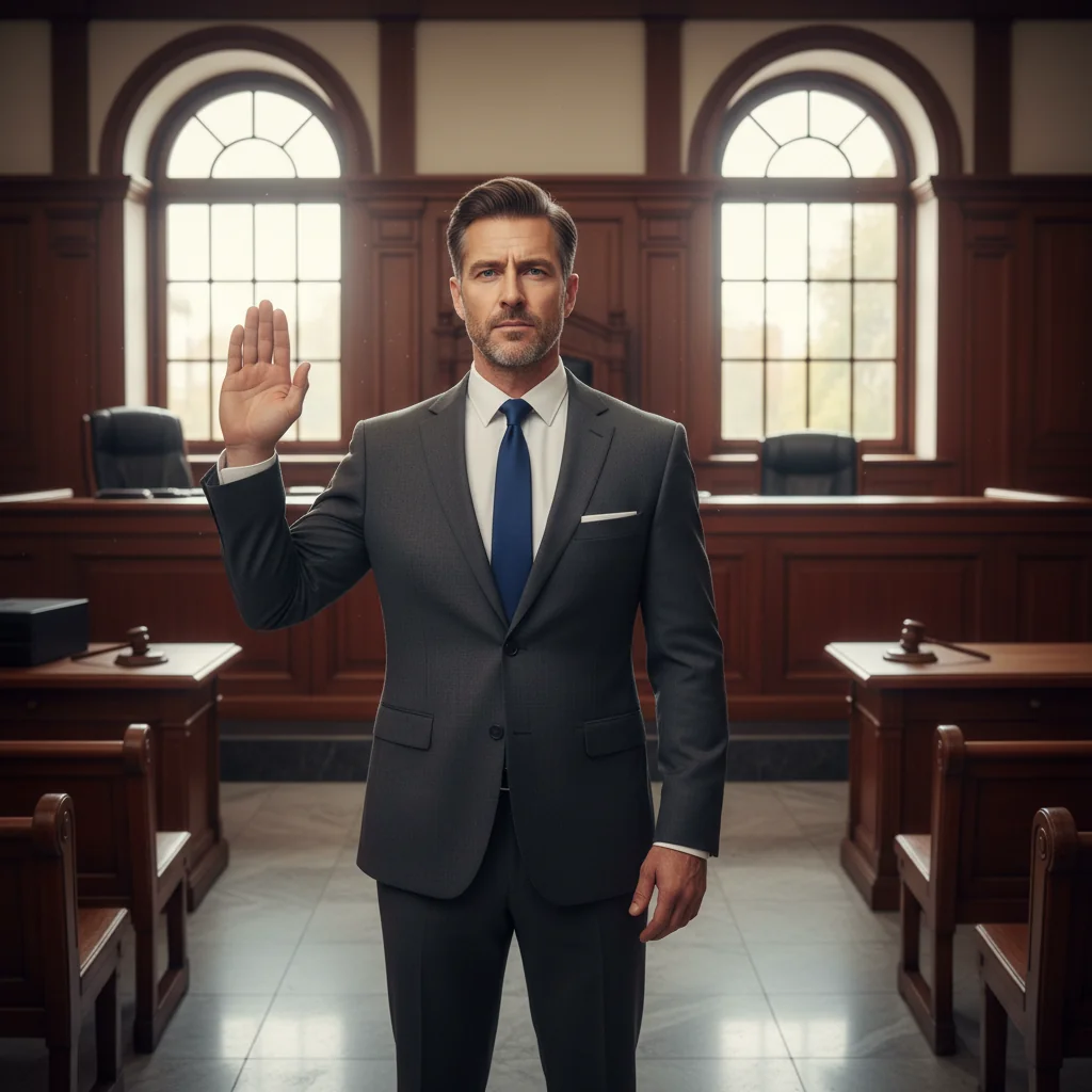 A photorealistic image of an adult professional in a formal business suit, standing confidently in a modern courtroom setting, symbolizing the solemn oath and legal commitment of a sworn statement, with subtle elements like a raised hand or a judge's bench in the background, conveying trust, authority, and legal proceedings without focusing on any documents.