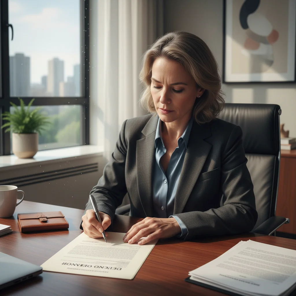 A photorealistic image of a professional adult individual in a modern administrative office setting, confidently signing a declaration form with a focused and honorable expression, symbolizing trust and commitment in administrative procedures. The scene includes office elements like a desk and paperwork, but no focus on the document itself. No children present.