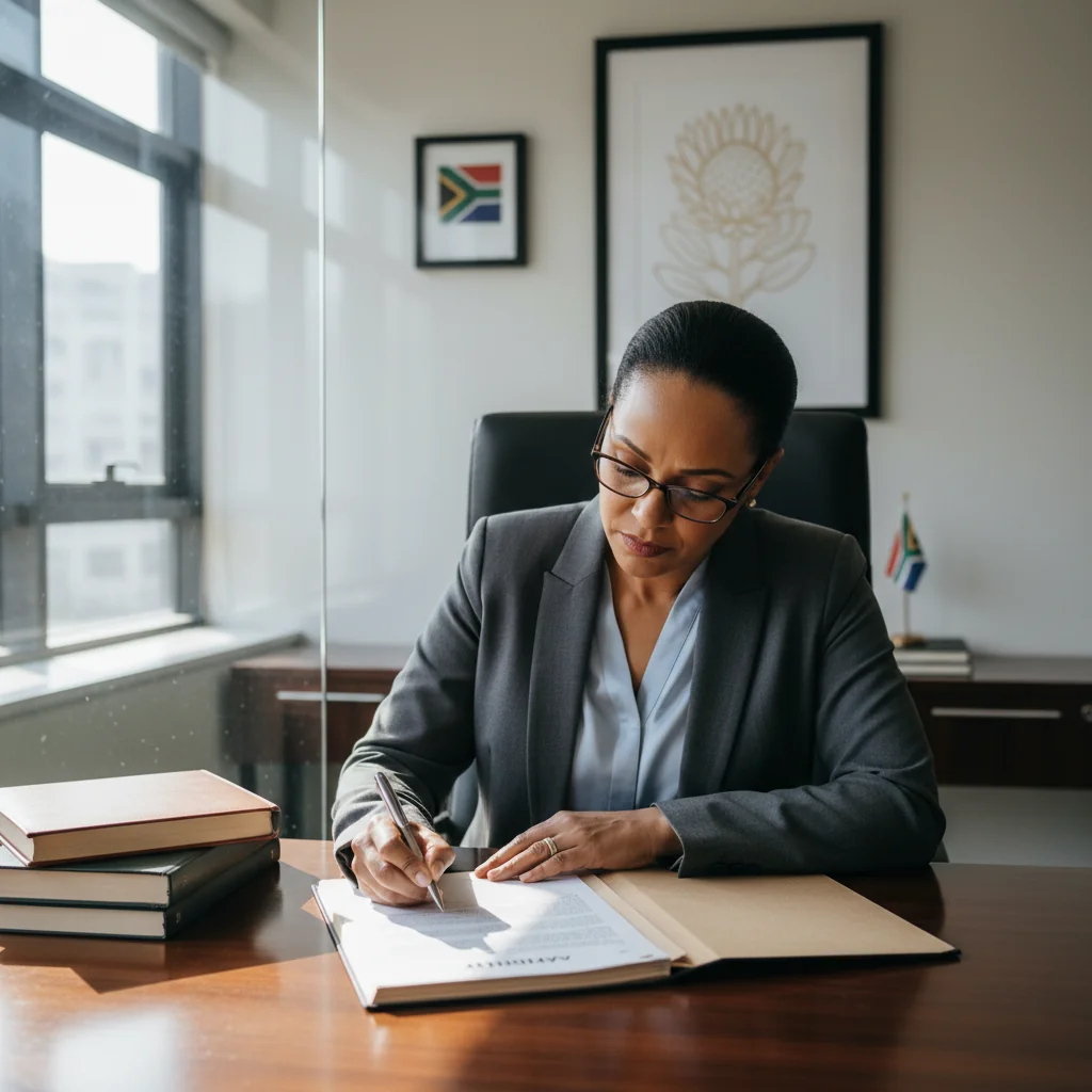 A photorealistic image of a professional adult South African individual in a modern office setting, signing an important legal document with a serious and confident expression, symbolizing trust and formality in legal processes, with subtle South African elements like a flag in the background, no children present.