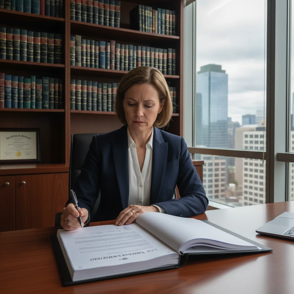 A professional adult in a business suit sitting at a desk in an office, signing a legal document with a serious expression, symbolizing trust and declaration in a legal context, photorealistic style.