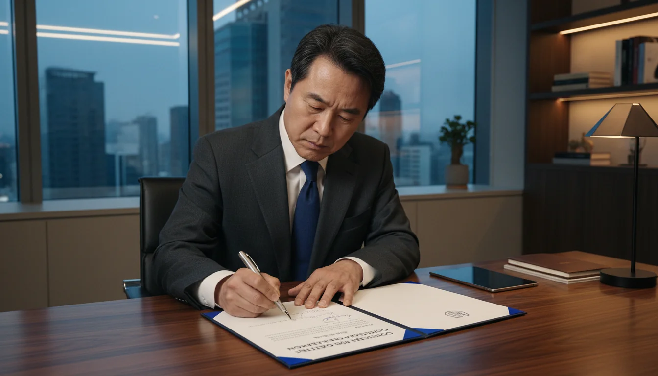 Person signing oath document at desk