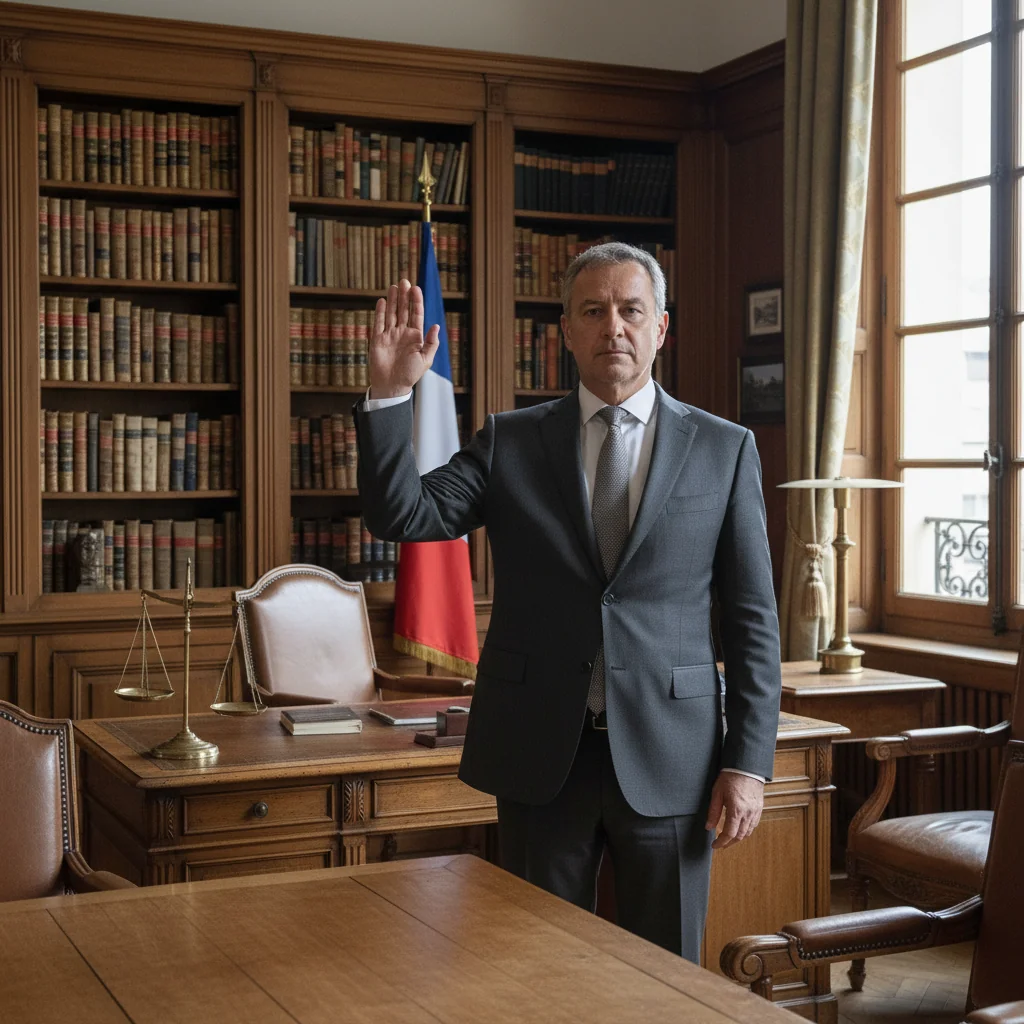 A photorealistic image of a professional adult French notary or lawyer in a formal office setting, solemnly raising their right hand while swearing an oath, with French legal books and the tricolor flag subtly in the background, conveying trust and integrity in legal attestation.