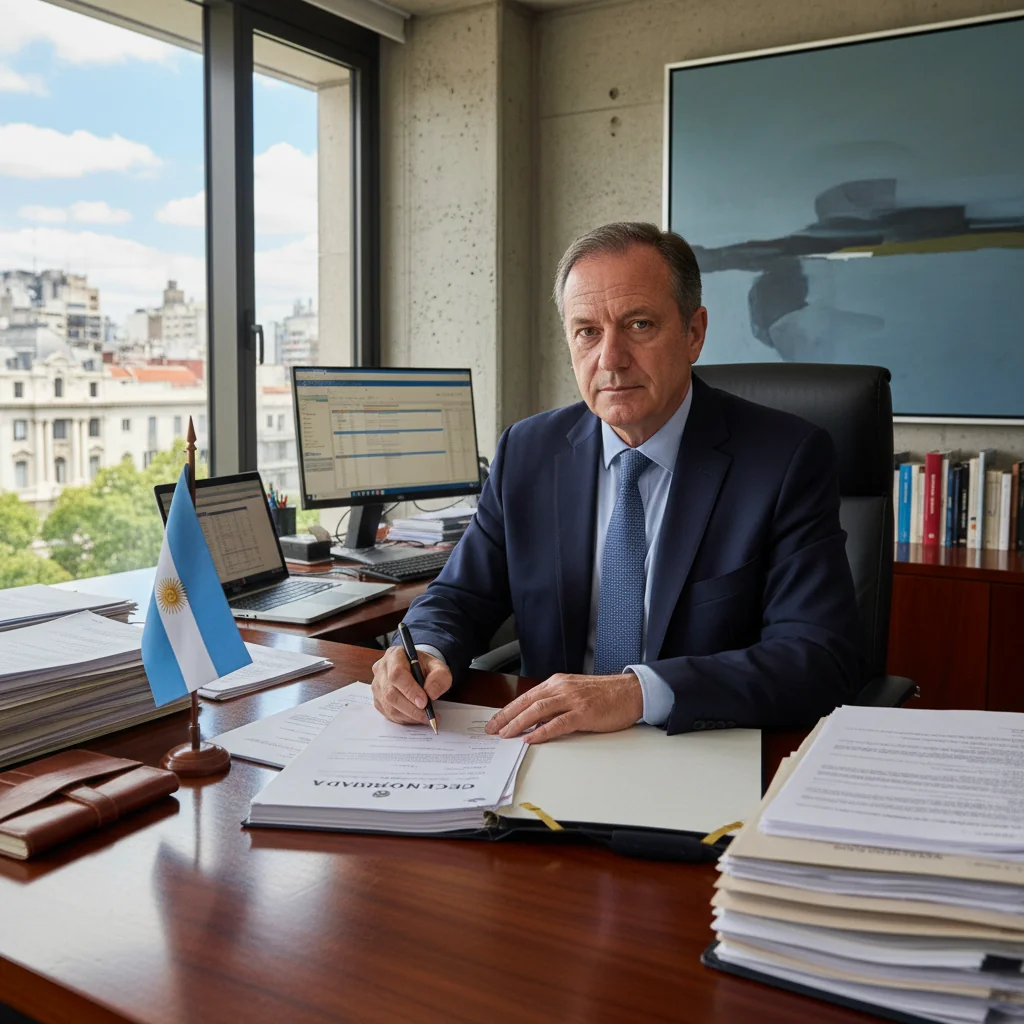A photorealistic image of a professional adult in a modern Argentine office setting, signing an important document with a serious expression, symbolizing trust and legal compliance in everyday bureaucratic processes, with subtle Argentine flag elements in the background.