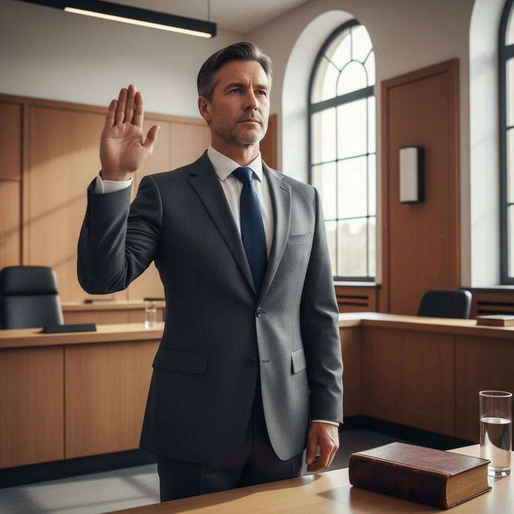 A photorealistic image of a professional adult in a formal business setting, such as a lawyer or official swearing an oath with their hand raised, symbolizing commitment and integrity in legal declarations, without any documents visible.