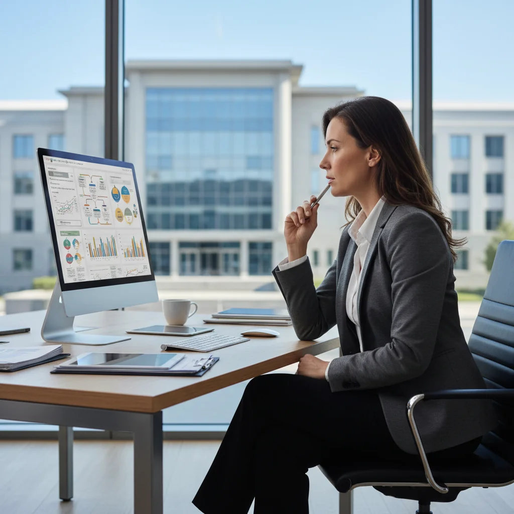 A photorealistic image of a professional adult woman in business attire sitting at a modern office desk, reviewing administrative forms on a computer while holding a pen, with government building visible through the window in the background, symbolizing efficient bureaucratic processes without showing any documents directly.