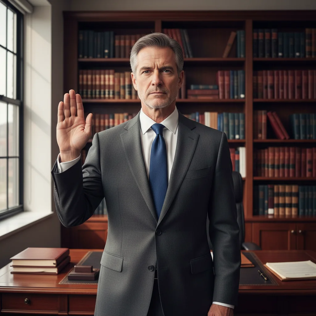 A professional adult in a formal business suit, standing confidently in a modern office setting, holding a gavel or scales of justice symbolically, representing the solemnity and truthfulness of an affidavit or sworn statement, photorealistic style, no children present.