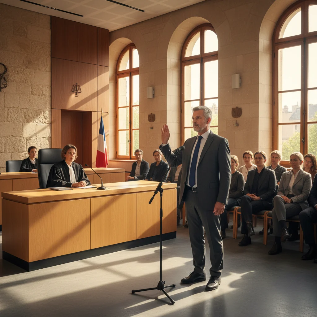 A professional scene in a French courtroom depicting an adult witness confidently giving sworn testimony under oath before a judge and jury, symbolizing the common uses of affidavits in French law, photorealistic style with no children present.