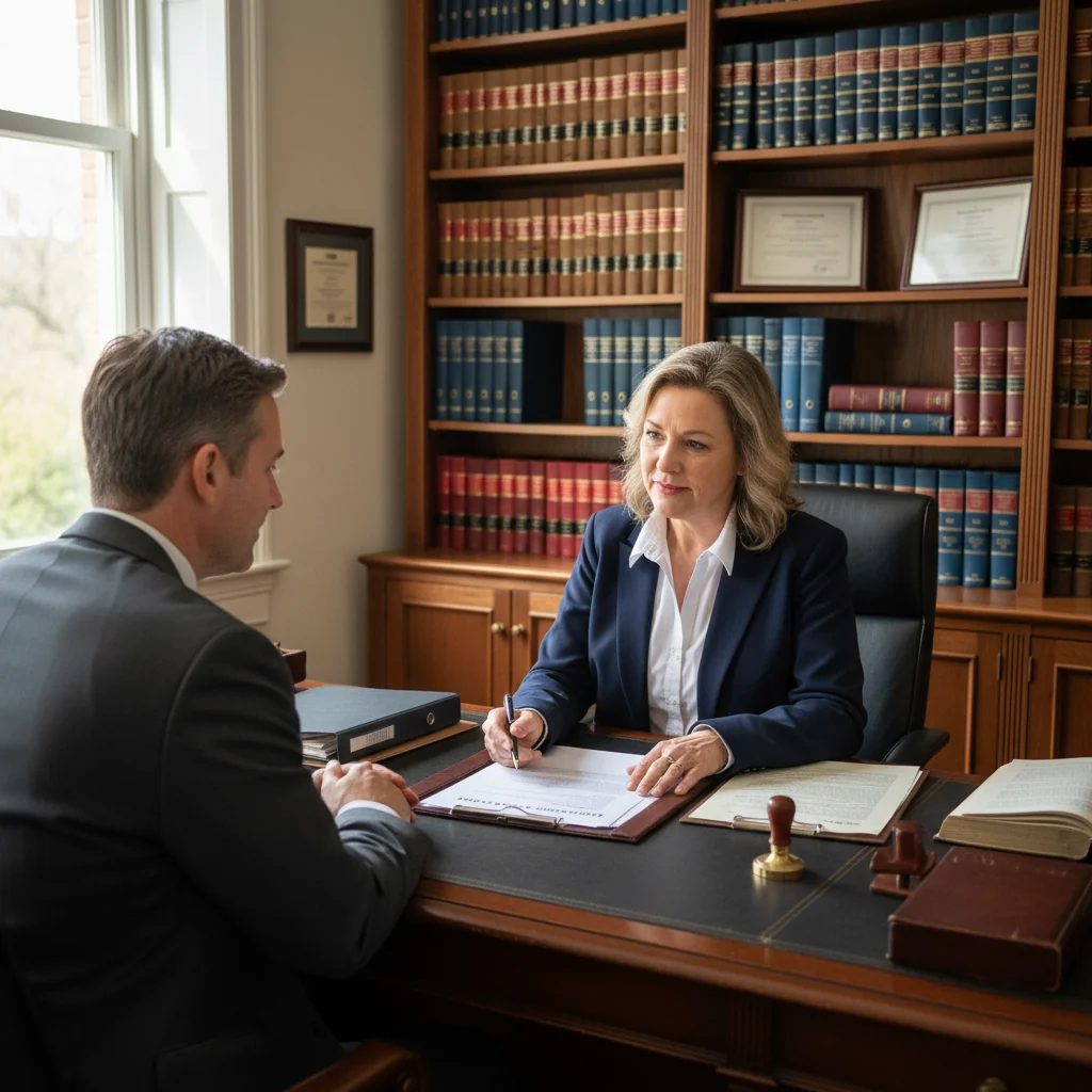 A photorealistic image of a professional notary public in a formal office setting, assisting an adult client with a declaration document, symbolizing the process of creating a public deed, with no children present.