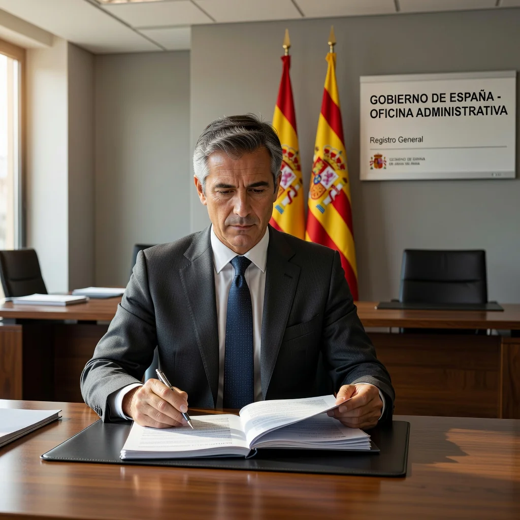 A professional adult individual in a modern Spanish government office, engaging in a formal administrative procedure, such as consulting with an official or reviewing official paperwork at a desk, symbolizing legal declarations and bureaucratic processes in Spain.
