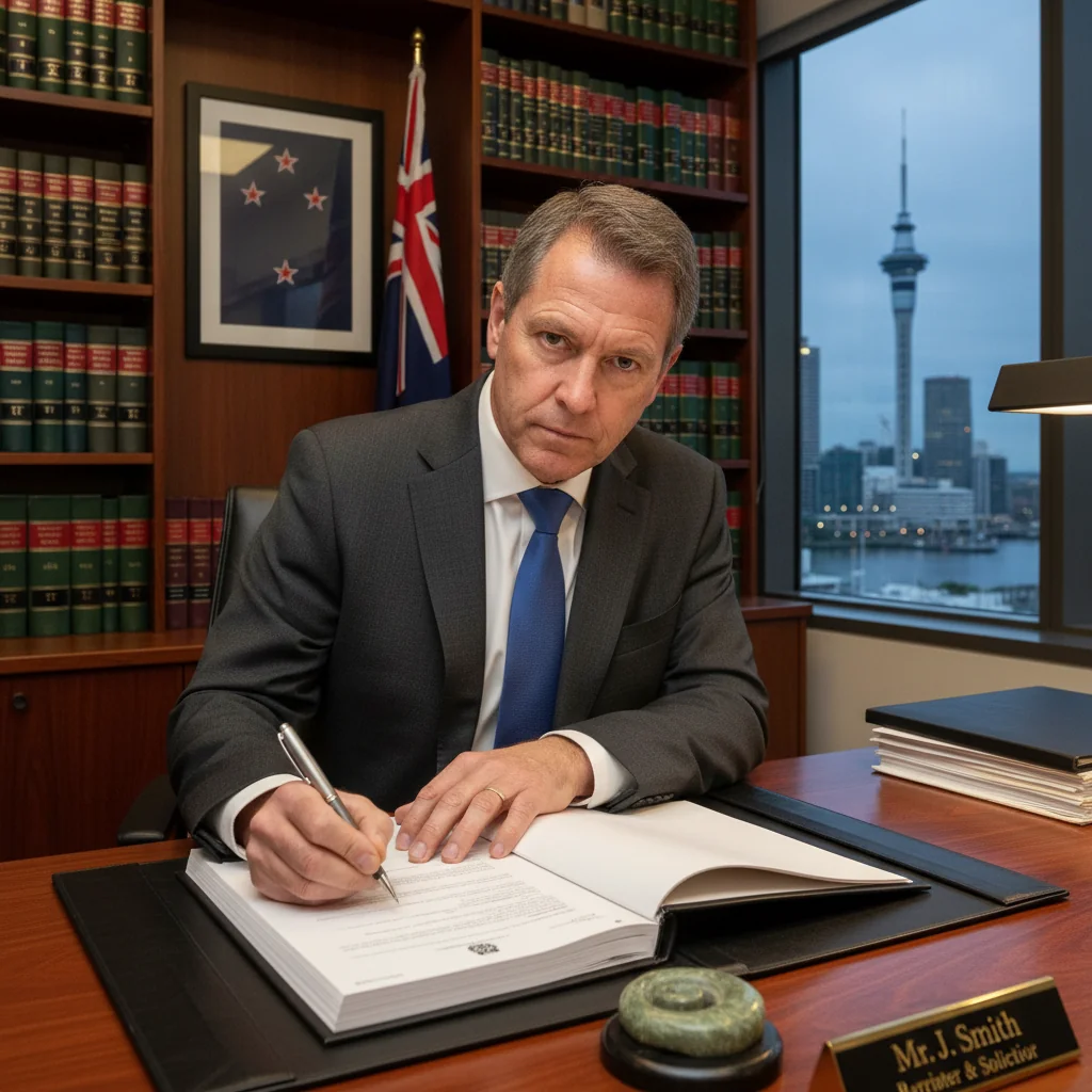 A photorealistic image of a professional adult signing an affidavit in a modern New Zealand law office, with New Zealand legal symbols like the flag or courthouse in the background, emphasizing trust and formality in legal processes. No children are present.