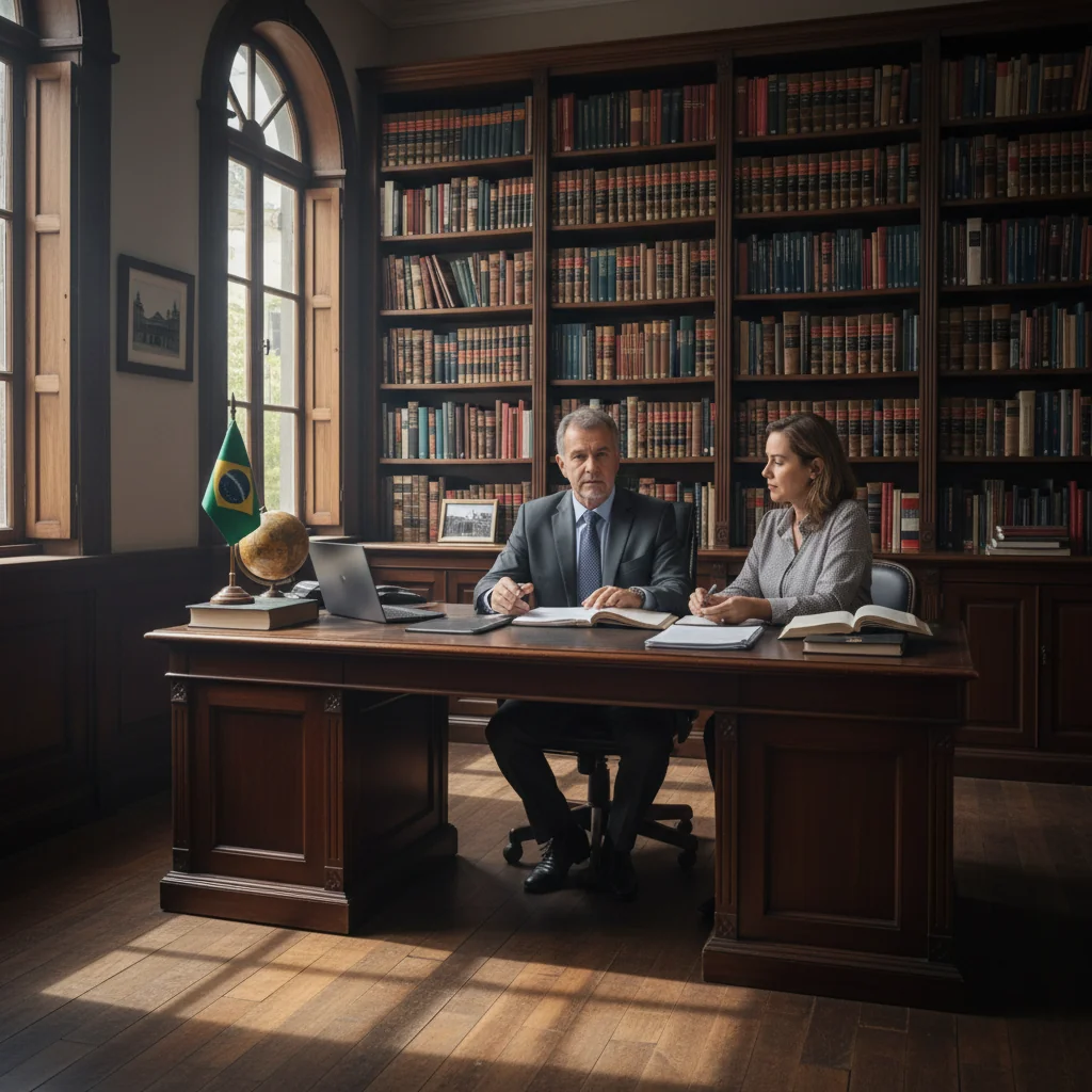 A photorealistic image representing the importance of public deeds in Brazilian law, showing a diverse group of adults in a modern notary office in Brazil, engaged in a formal consultation or signing process, with Brazilian cultural elements like a flag in the background, emphasizing trust, legality, and documentation without depicting any documents directly.