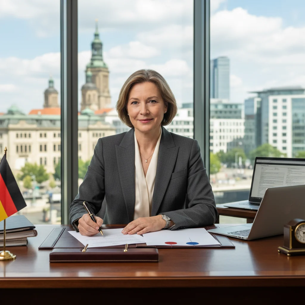 A photorealistic image of a professional adult in a modern German office setting, confidently signing an important declaration form with a pen, surrounded by subtle legal and administrative elements like a laptop and official stamps, symbolizing trust and legal affirmation in a business context.