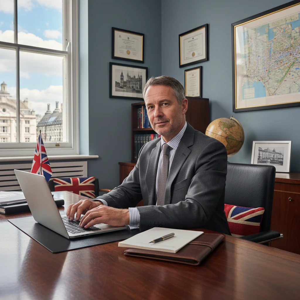 A photorealistic image of a professional adult lawyer or legal professional in a modern UK office, thoughtfully reviewing case files or preparing a statement on a laptop, symbolizing the process of drafting and filing affidavits without showing any actual documents.