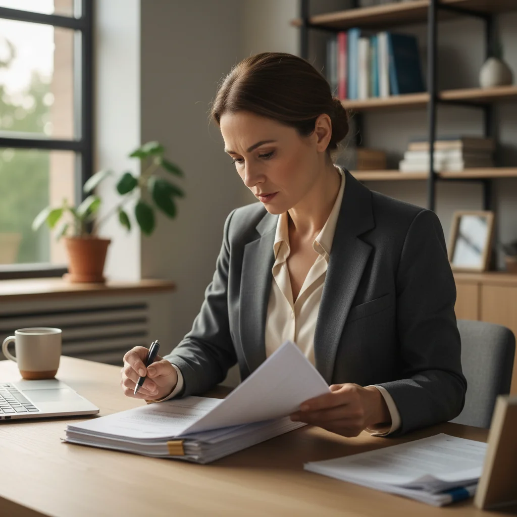 A professional adult person in a modern office setting, carefully reviewing important paperwork on a desk with a focused and cautious expression, symbolizing the importance of accuracy in legal declarations to avoid common mistakes.