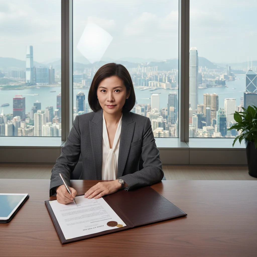 A photorealistic image of an adult professional in a formal suit, confidently signing an important document at a modern Hong Kong office desk with a city skyline view in the background, symbolizing legal affirmation and trust in a business context.
