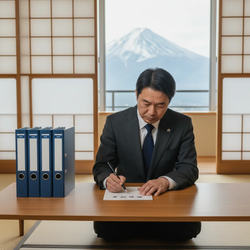A photorealistic image of a professional adult Japanese individual in a formal business suit, seated at a modern office desk in a law firm or government building in Japan, thoughtfully preparing an affidavit by writing on a notepad with a pen, surrounded by subtle Japanese cultural elements like a window view of Tokyo skyline, conveying trust, legality, and solemnity. No children are present in the image.