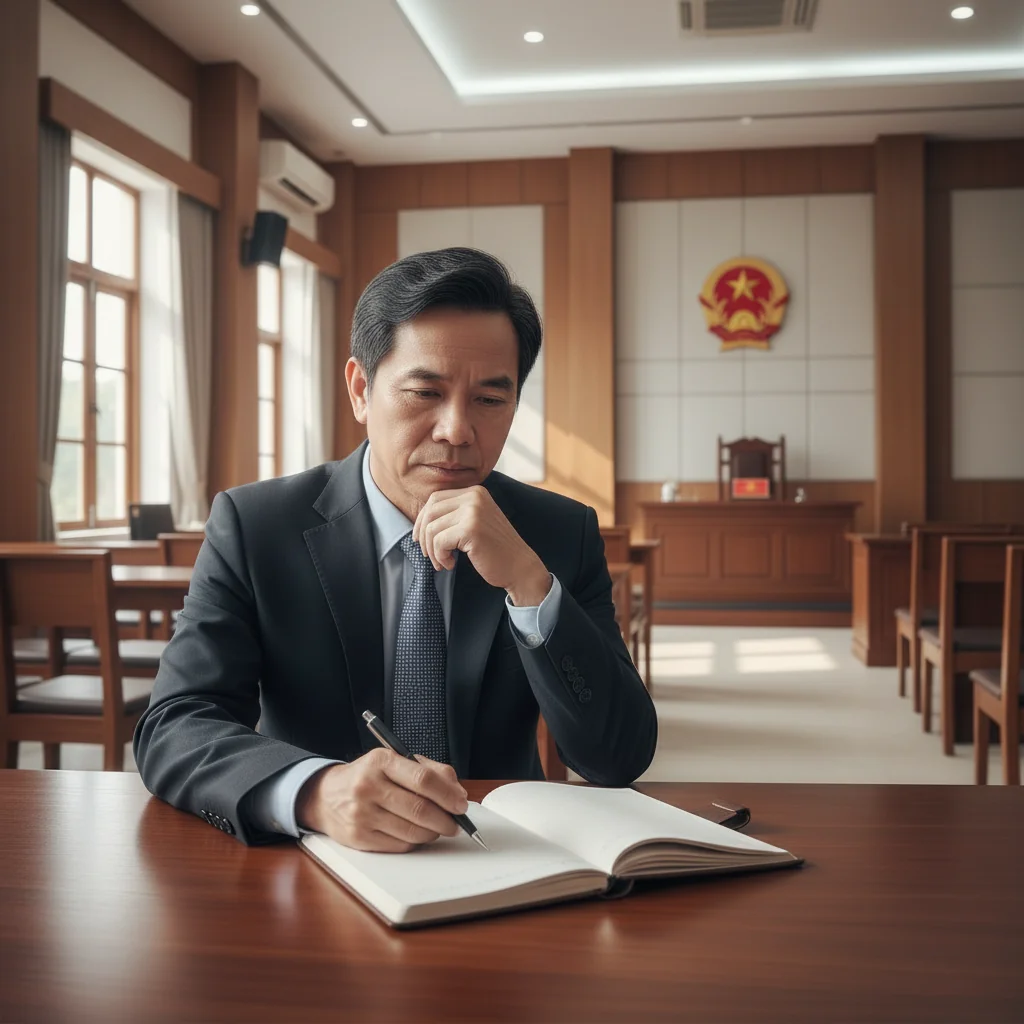 A photorealistic image of a professional adult Vietnamese lawyer or witness in a serious courtroom setting in Vietnam, seated at a wooden table with a notebook, expressing thoughtfulness and sincerity as if providing testimony, conveying the purpose of a legal confession or statement document, with no children present and no actual documents visible.