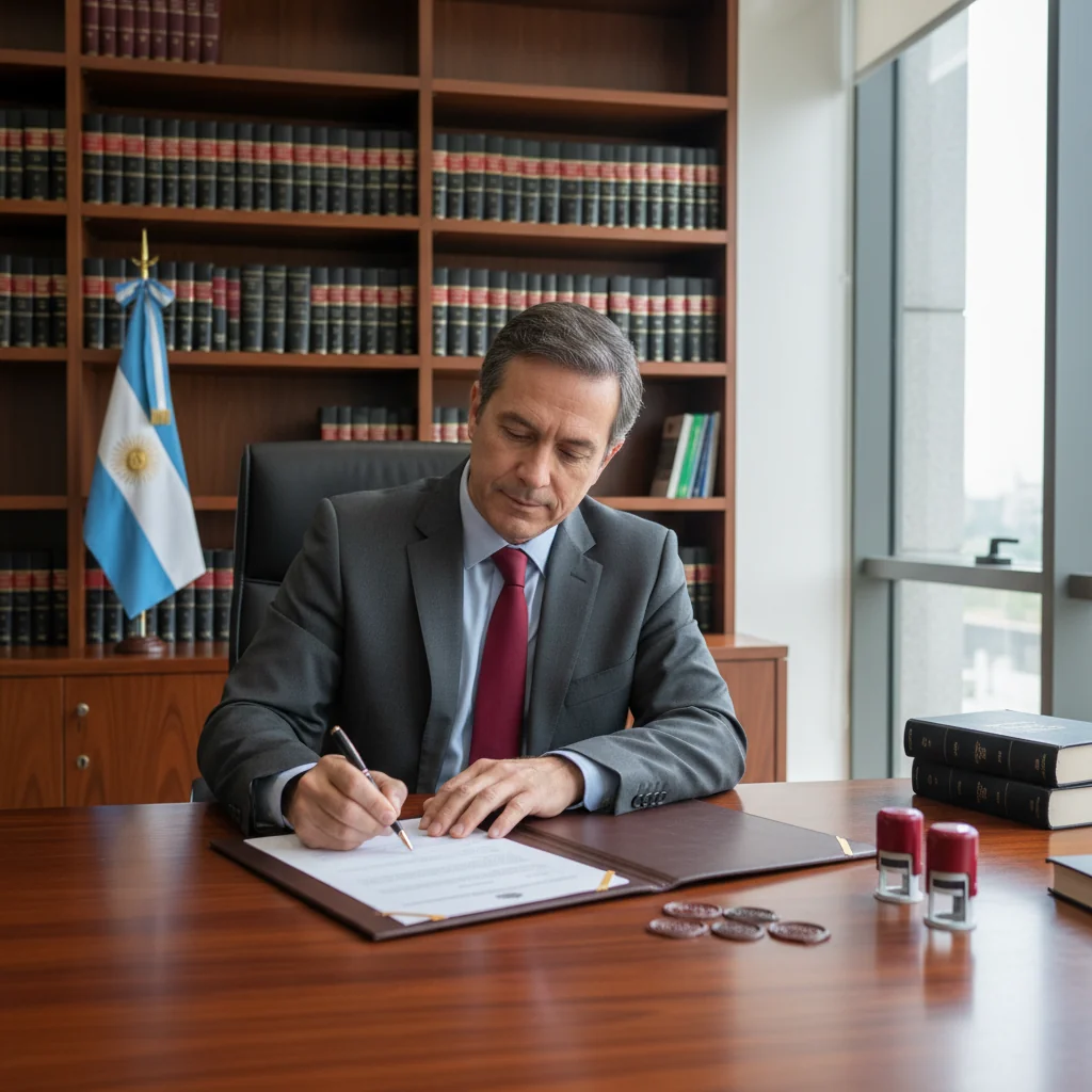 A photorealistic image of a professional adult individual in a modern Argentine office setting, confidently signing important paperwork at a desk with national flags and legal symbols in the background, symbolizing the legalization process of a sworn declaration in Argentina. The scene conveys trust, formality, and bureaucratic efficiency, with warm lighting and realistic details. No children are present in the image.