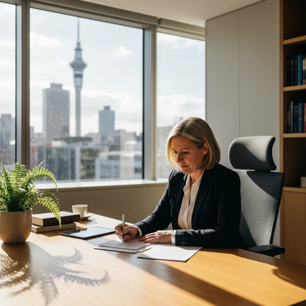 A photorealistic image of a professional adult in a modern New Zealand office setting, thoughtfully reviewing legal notes on a desk with Kiwi cultural elements like a fern plant in the background, symbolizing the preparation of an affidavit for legal proceedings.