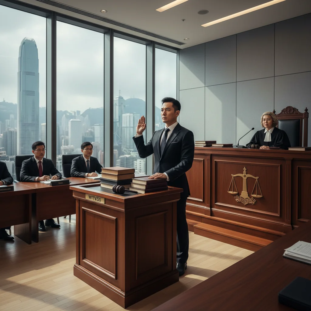 A photorealistic image of a solemn adult individual standing in a modern Hong Kong courtroom, symbolizing the relationship between oaths and legal proceedings, with subtle city skyline elements in the background to evoke Hong Kong's legal context. No children are present in the scene.