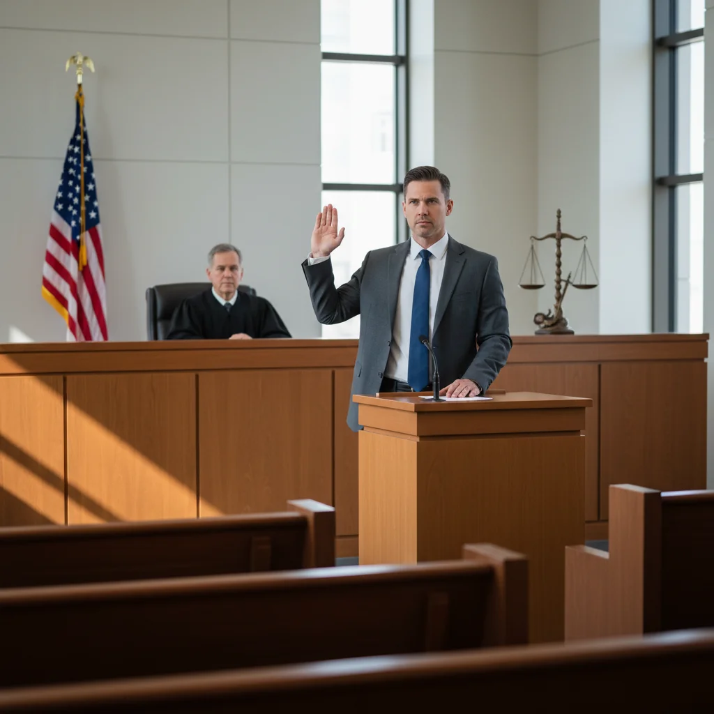 A photorealistic image of a professional adult in a courtroom setting, raising their right hand to take an oath, symbolizing the solemn commitment and legal significance of a sworn statement, with a judge and empty witness stand in the background, conveying trust and authority without showing any documents or children.