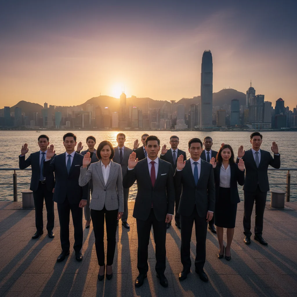 A photorealistic image symbolizing the oath of allegiance to Hong Kong, depicting a group of diverse adults in a formal ceremony, raising their right hands in unison with serious expressions, set against the iconic Hong Kong skyline at dusk, emphasizing unity and commitment without showing any legal documents or children.