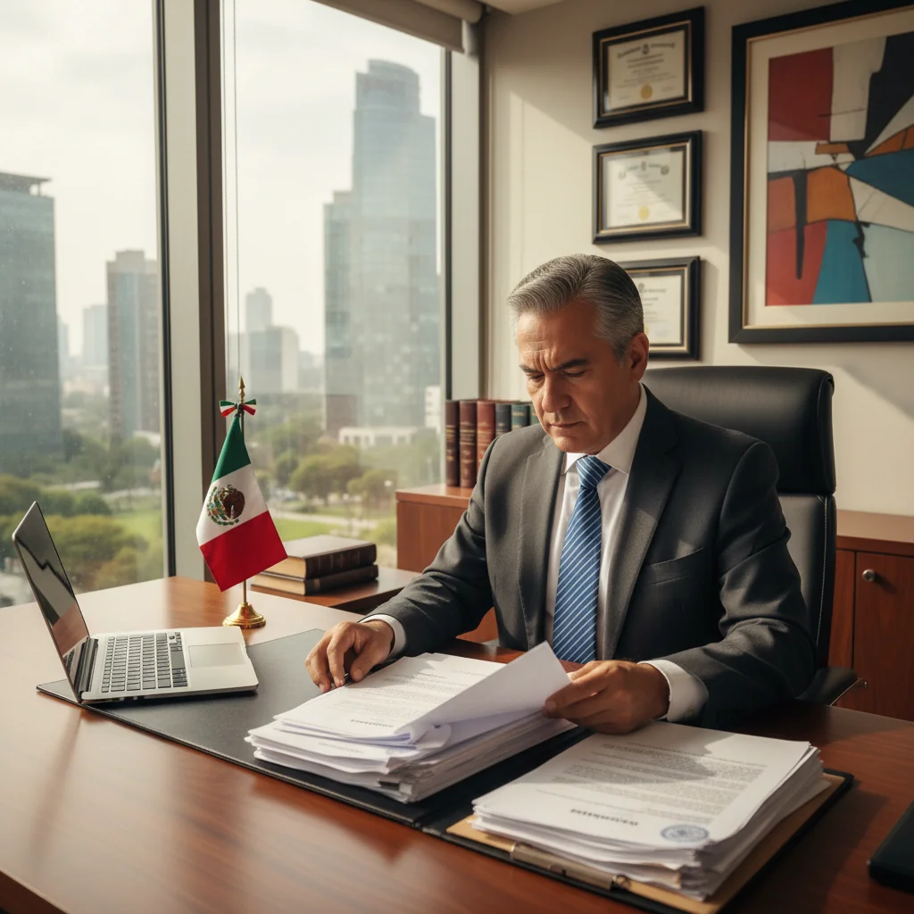 A photorealistic image of a professional adult Mexican businessperson in a modern office setting, confidently reviewing legal documents on a desk with the Mexican flag subtly in the background, symbolizing compliance and legal declaration processes in Mexico. No children are present in the scene.
