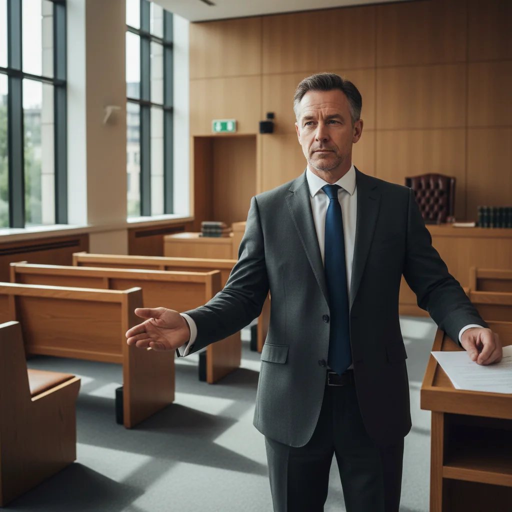 A photorealistic image of a professional adult lawyer in a modern UK courtroom, standing confidently and presenting an affidavit to a judge, symbolizing the legal use and requirements of affidavits in court proceedings. The scene conveys trust, formality, and justice without showing any documents directly.