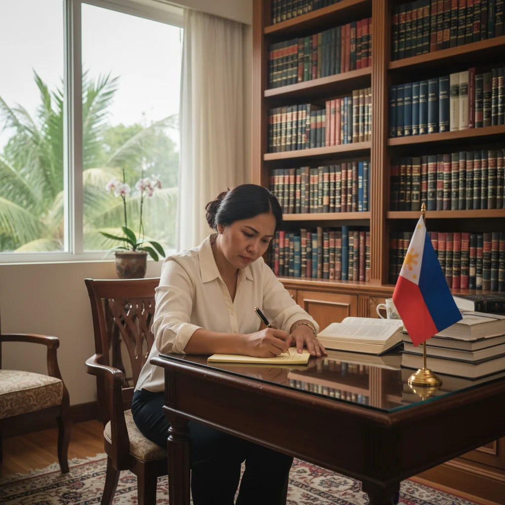 A photorealistic image of a professional adult Filipino woman in her 30s, sitting at a wooden desk in a home office in the Philippines, thoughtfully preparing a legal affidavit. She is writing on a notepad with a pen, surrounded by bookshelves with law books and a Philippine flag in the background. The atmosphere is calm and focused, with natural light coming through a window showing a tropical view. No children are present in the image.