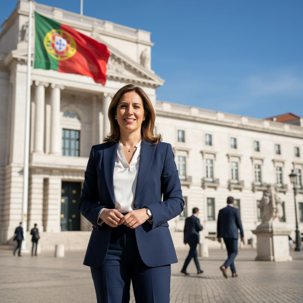 A photorealistic image symbolizing trust, honor, and personal commitment in a formal Portuguese context, featuring an adult professional in business attire standing confidently in front of a modern government building in Lisbon, Portugal, with a subtle Portuguese flag in the background, evoking integrity and official declaration without showing any documents.