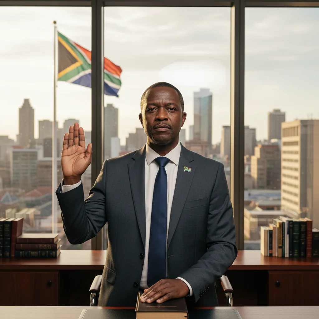 A photorealistic image of a professional adult in a South African legal setting, such as a lawyer or commissioner of oaths in an office, preparing to administer an oath, symbolizing trust and formality in legal processes, with no documents visible, no children, and a diverse, inclusive representation.