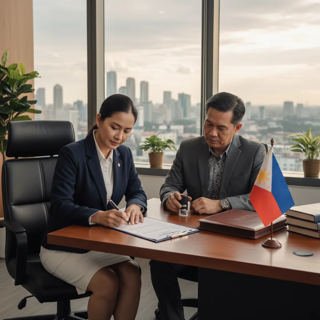 A photorealistic image of a professional adult in a modern Philippine law office, signing an affidavit with a notary public present, symbolizing legal verification and trust in documentation, with elements like the Philippine flag in the background to evoke national legal context. No children are present in the scene.