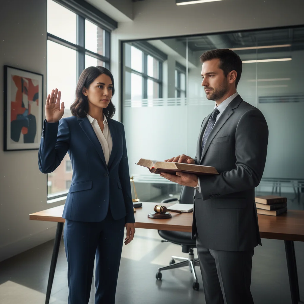 A photorealistic image of a professional adult in a formal office setting, solemnly swearing on a Bible held by another adult, symbolizing the act of making an oath or sworn statement, conveying trust and integrity in a legal context, no children present.