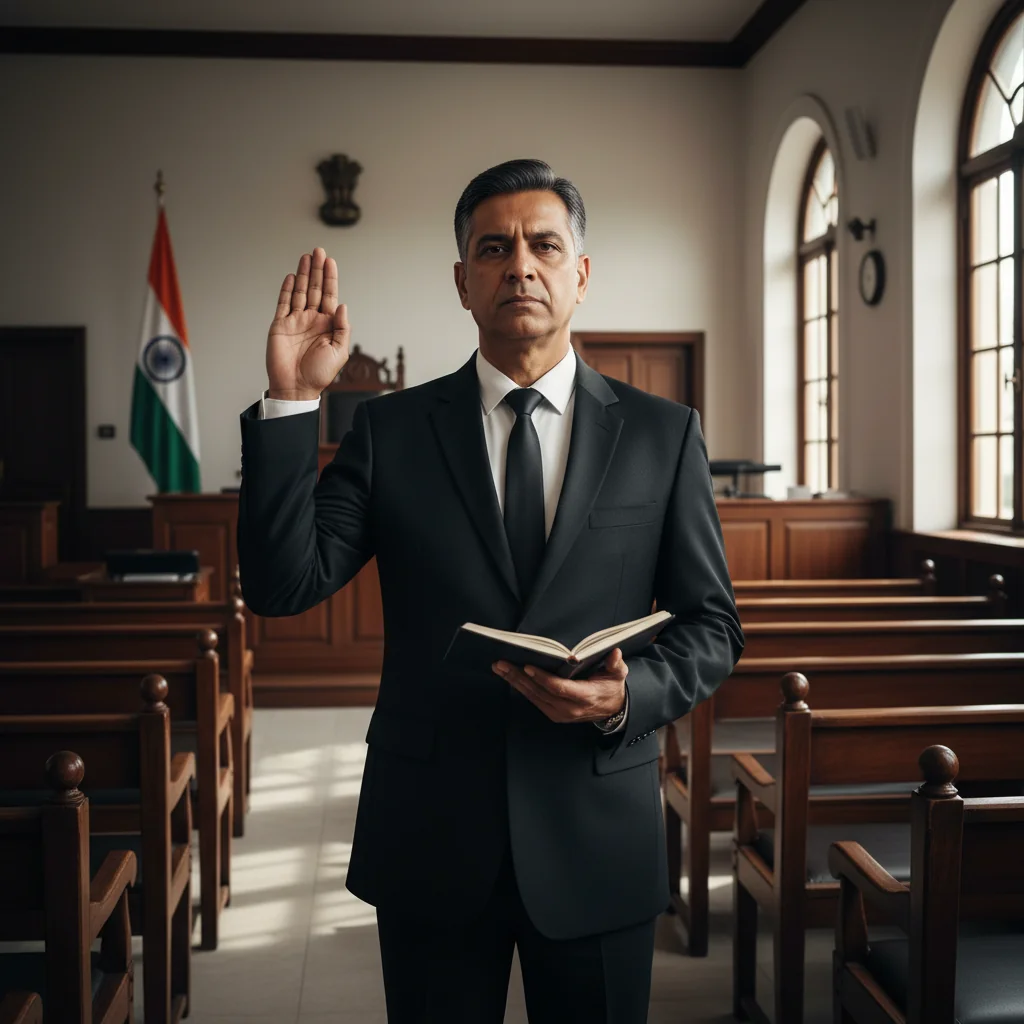A photorealistic image of a professional adult Indian lawyer in a courtroom setting, standing confidently with a gavel in the background, symbolizing the legal oaths and affirmations in the Indian judicial system, conveying trust and integrity.