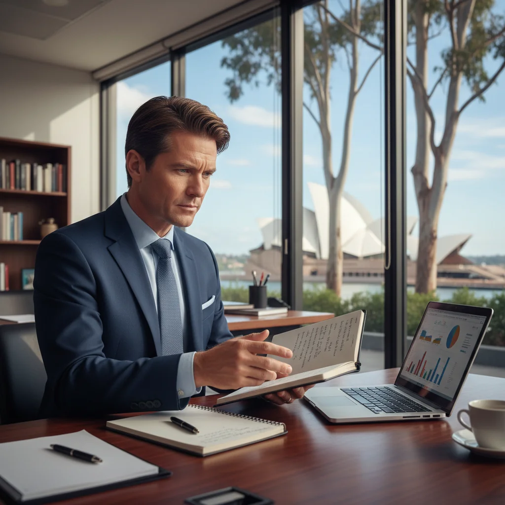 A photorealistic image of a professional adult lawyer in a modern Australian office, carefully reviewing legal notes on a desk with Australian landmarks subtly visible through the window, symbolizing careful drafting of affidavits without focusing on the document itself.