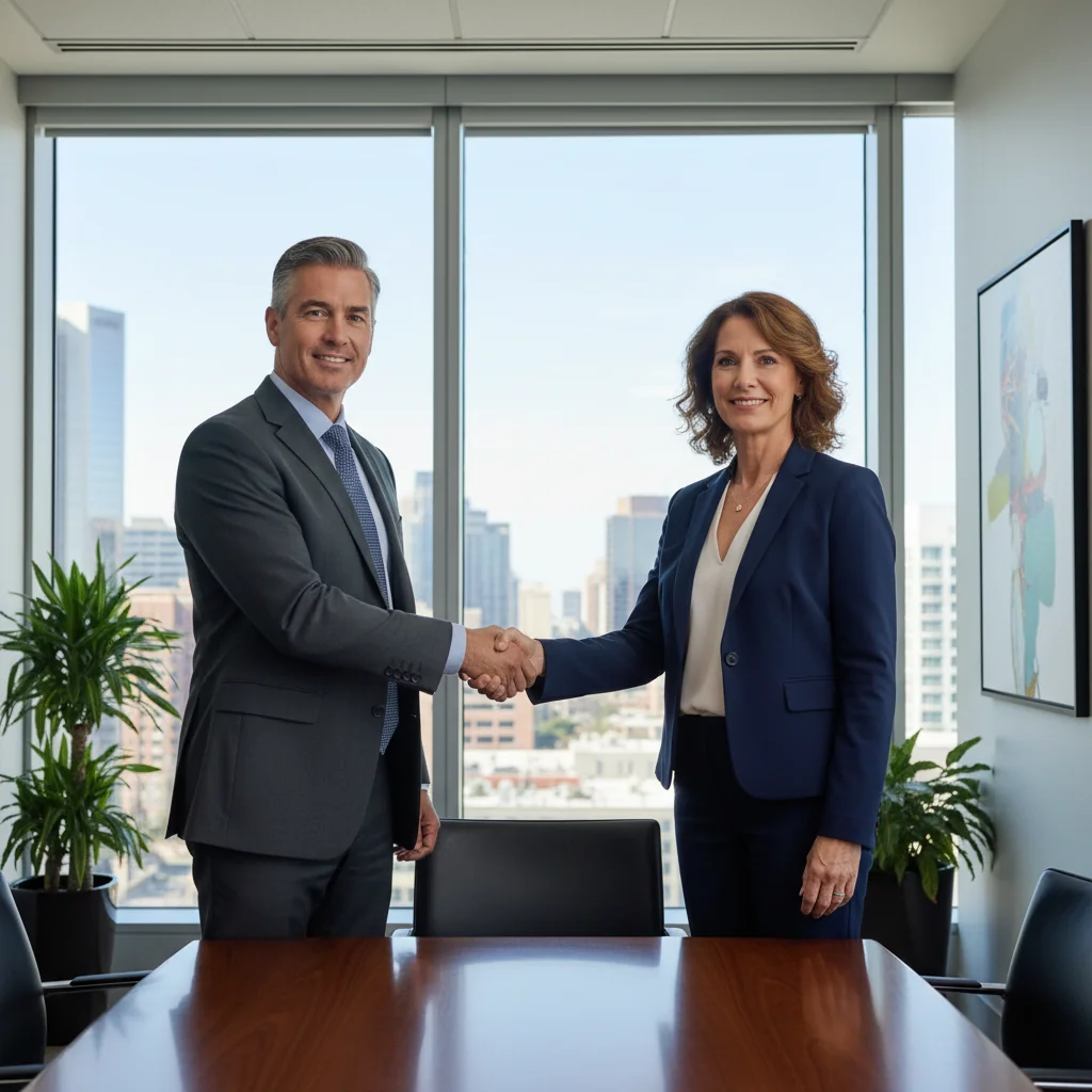 A photorealistic image of two professional adults in a modern law office, shaking hands over a conference table during a business transaction, symbolizing trust and legal agreements in legal dealings, with no documents visible, natural lighting, high detail.