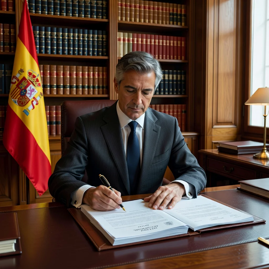 A photorealistic image of a professional adult signing a sworn declaration in a formal Spanish office setting, symbolizing trust and legal affirmation in Spain, with no children present.