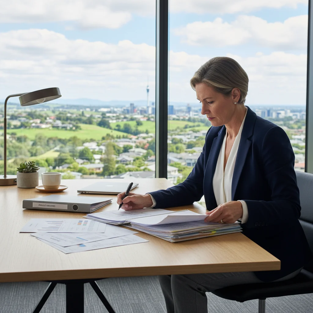 A photorealistic image of a focused adult professional, such as a lawyer or court clerk in their 30s, sitting at a wooden desk in a modern New Zealand office with subtle NZ elements like a window view of Auckland skyline, carefully reviewing papers with a thoughtful expression, emphasizing preparation and attention to detail without showing any legal documents directly.