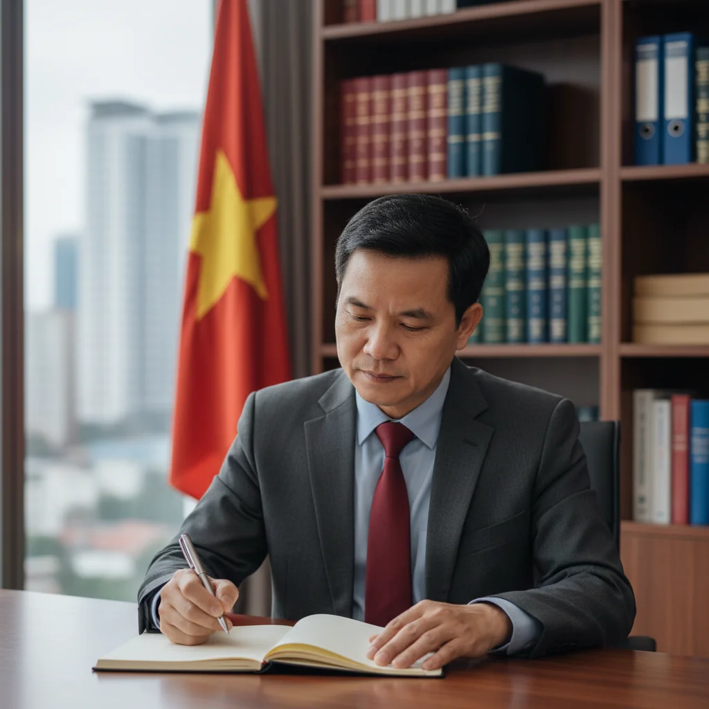 A photorealistic image of a professional adult Vietnamese person in a modern office setting, carefully writing a statement on a notepad during a consultation with a lawyer, symbolizing the preparation of a legal declaration in accordance with Vietnamese law. The atmosphere is serious and focused, with elements like a briefcase and legal books in the background, but no actual documents visible. No children are present.