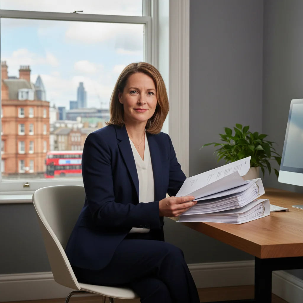 A photorealistic image of a professional adult UK resident in a modern office setting, thoughtfully reviewing important papers on a desk with a Union Jack flag subtly in the background, symbolizing trust and legal assurance in everyday life.
