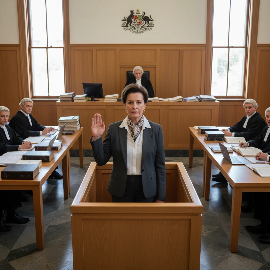 A photorealistic image of a professional adult witness standing confidently in a modern Australian courtroom, raising their right hand to take an oath, with a judge and barristers in the background, symbolizing the solemnity and legal purpose of affidavits in court proceedings. No children are present.