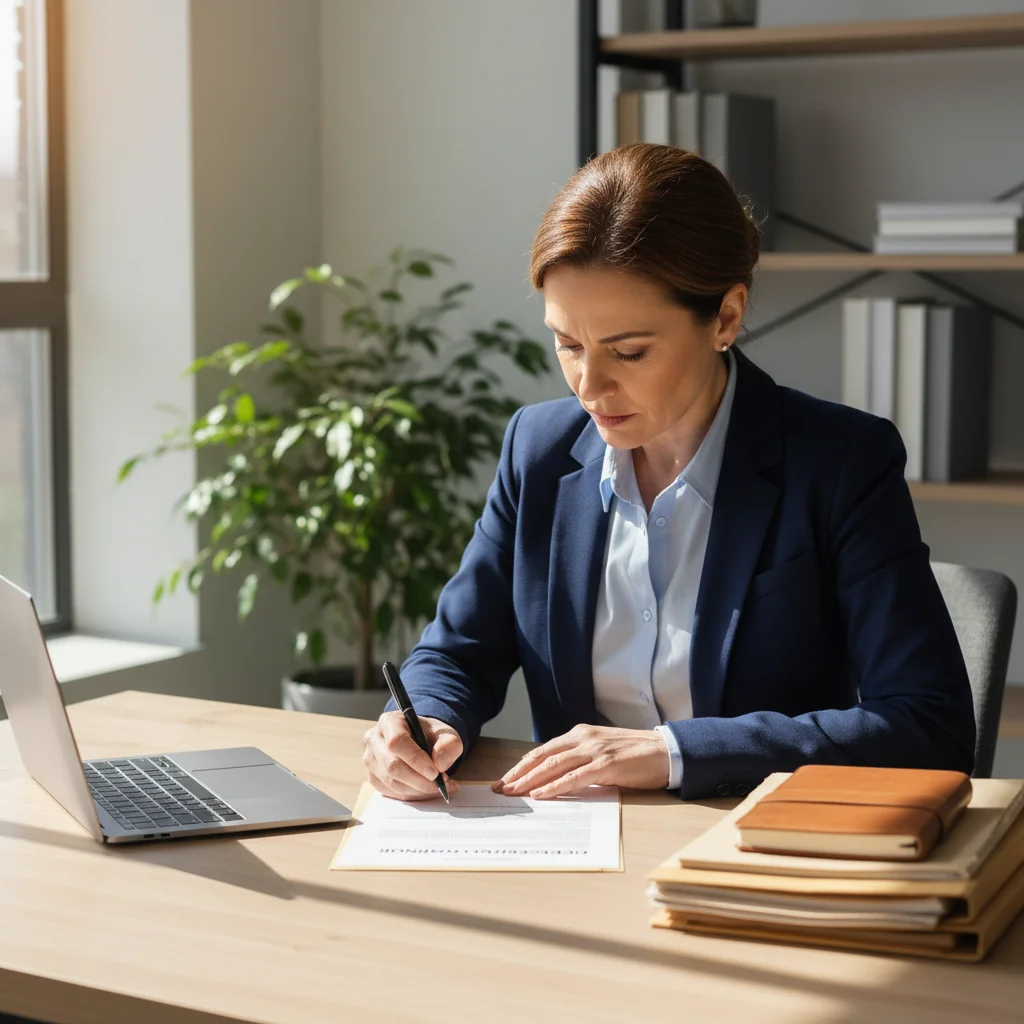 A photorealistic image representing the concept of submitting a declaration under honor, showing a professional adult in a modern office setting, confidently signing an important form at a desk with a computer, symbolizing trust, integrity, and administrative compliance. No children are present. The atmosphere is professional and reassuring.