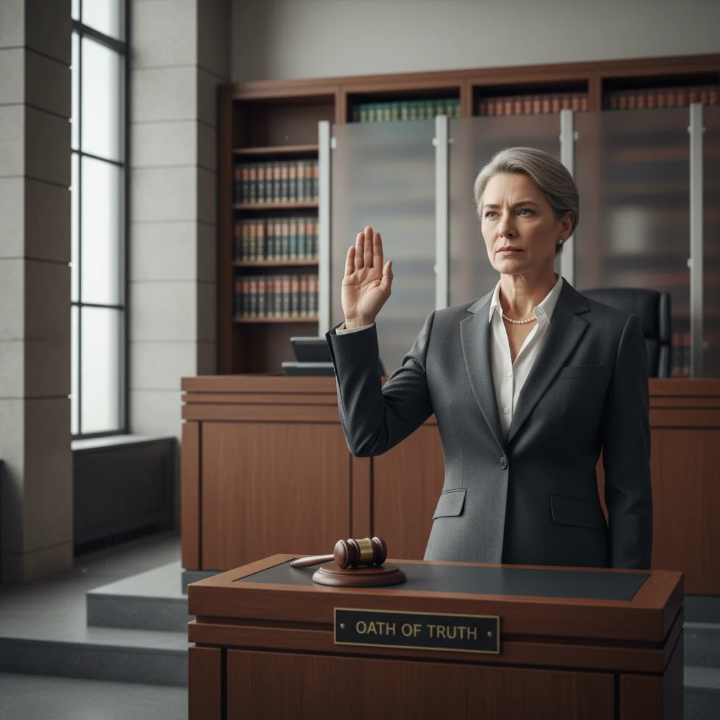 A photorealistic image of a professional adult individual standing confidently in a modern courtroom, taking an oath with their hand raised, symbolizing the solemn commitment and legal integrity involved in swearing an oath during legal proceedings, with a judge and wooden gavel visible in the background to evoke the context of legal procedures.