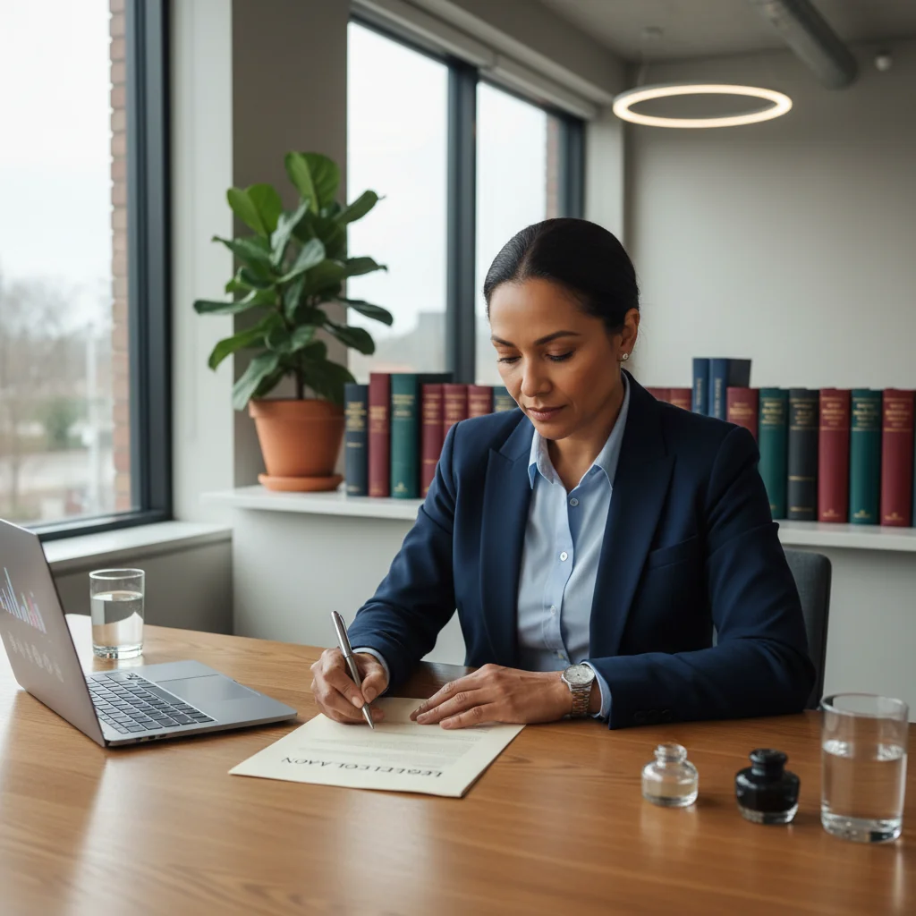 A professional adult in a modern office setting, confidently signing an important document with a serious expression, symbolizing trust and legal affirmation in a business context, photorealistic style.