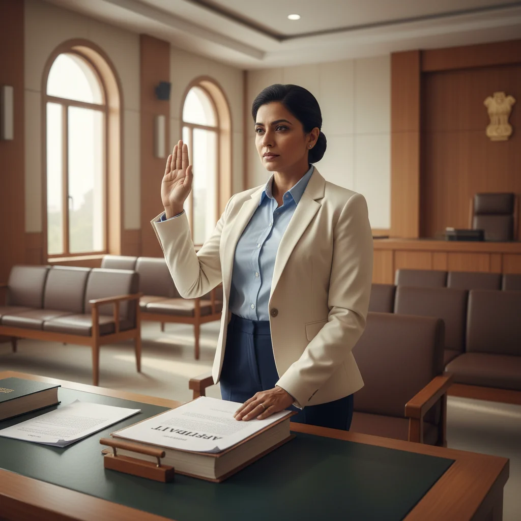 A photorealistic image of an adult Indian professional in a modern office setting, confidently taking an oath with their right hand raised, symbolizing trust and legal commitment in India, with subtle Indian cultural elements in the background like a flag or courthouse exterior.