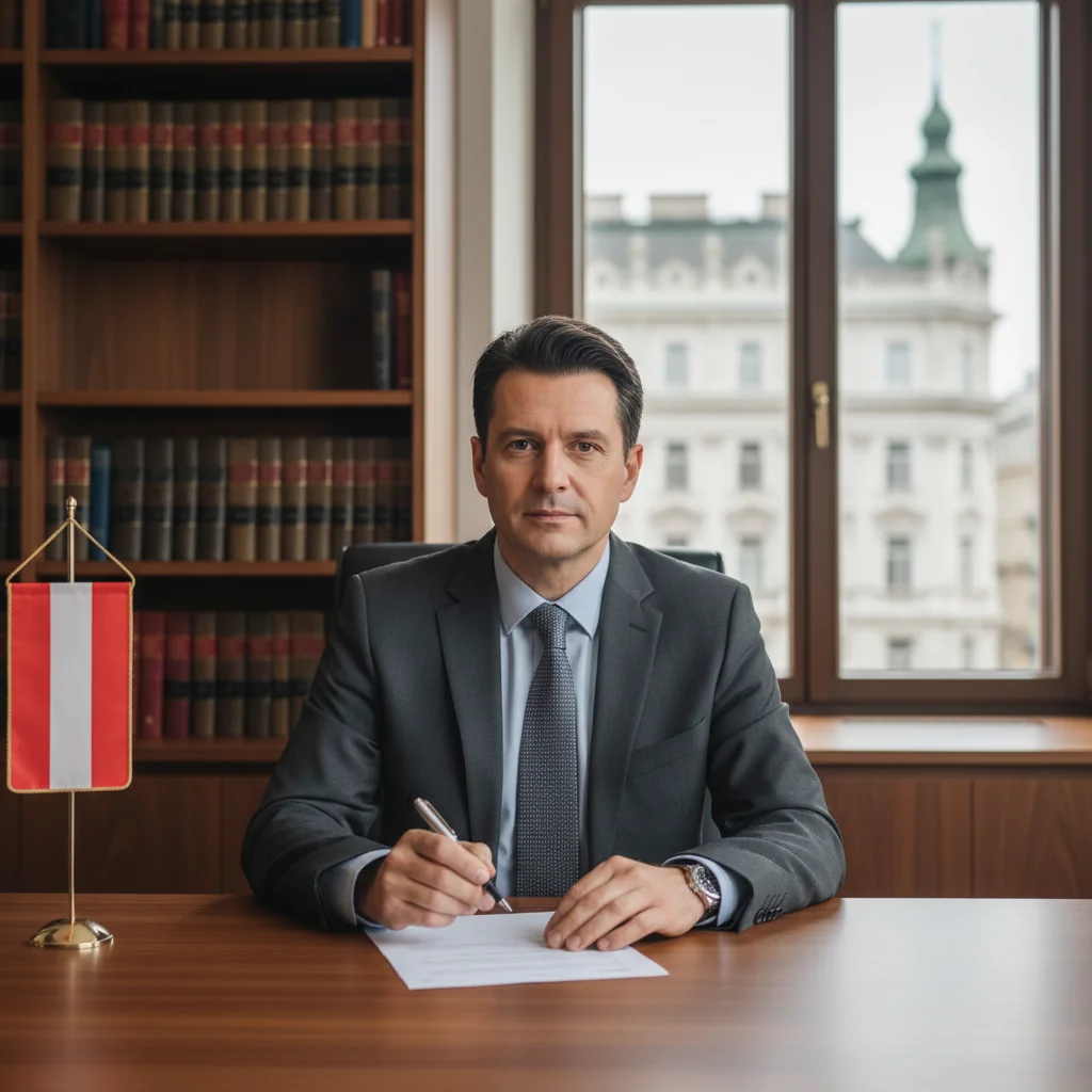 A photorealistic image of a professional adult in a modern Austrian office setting, confidently signing an important declaration form at a desk with Austrian flag and legal books in the background, symbolizing trust and official affirmation without showing the document details.