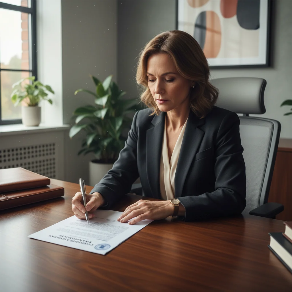 A photorealistic image of a professional adult in a formal office setting, carefully signing an important document with a serious expression, symbolizing the solemnity and validity of a sworn statement, no children present.