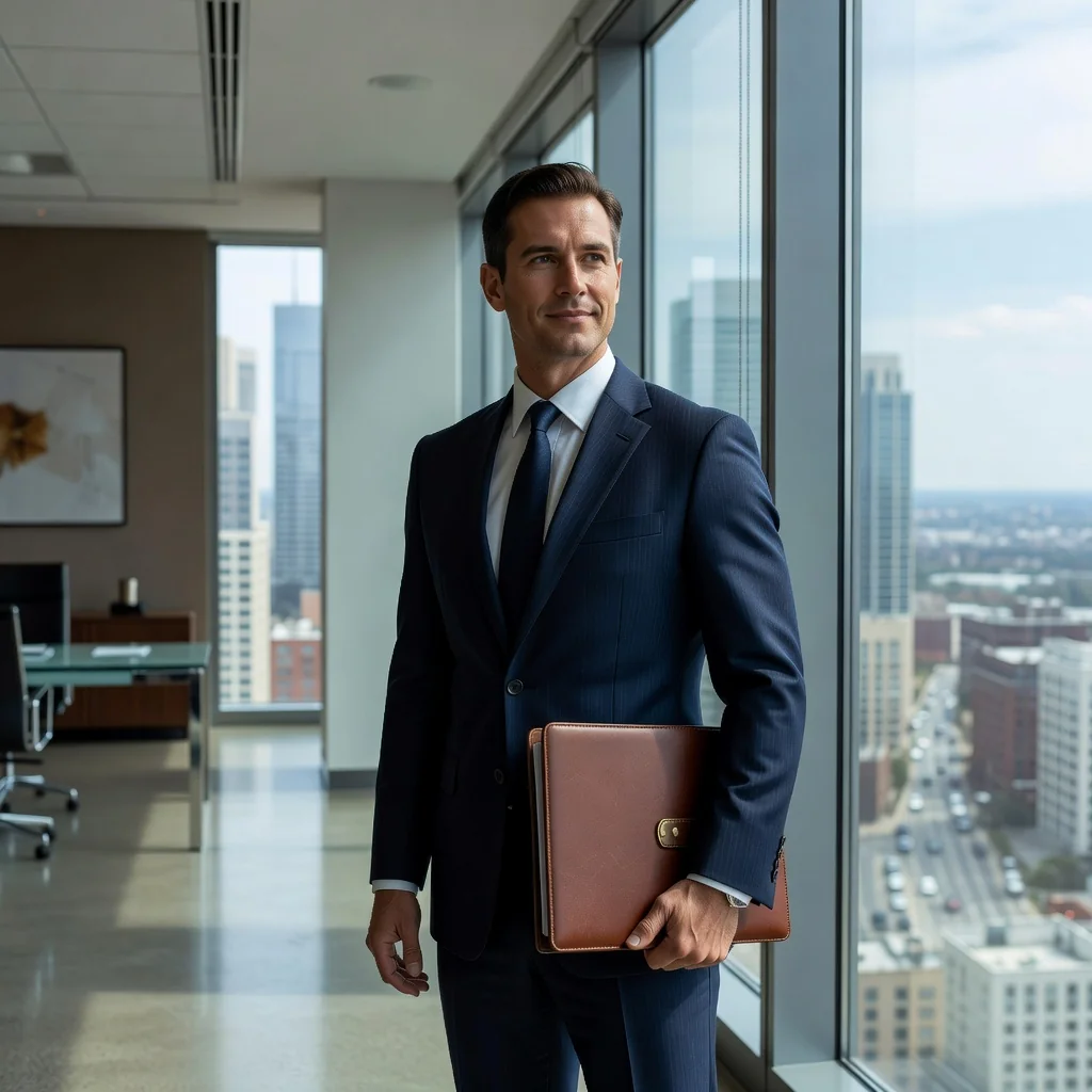 A professional adult in a business suit, standing confidently in a modern office environment, holding a folder that symbolizes official documentation, with a subtle background of legal scales or courthouse elements to evoke trust and formality in legal declarations, no children present.