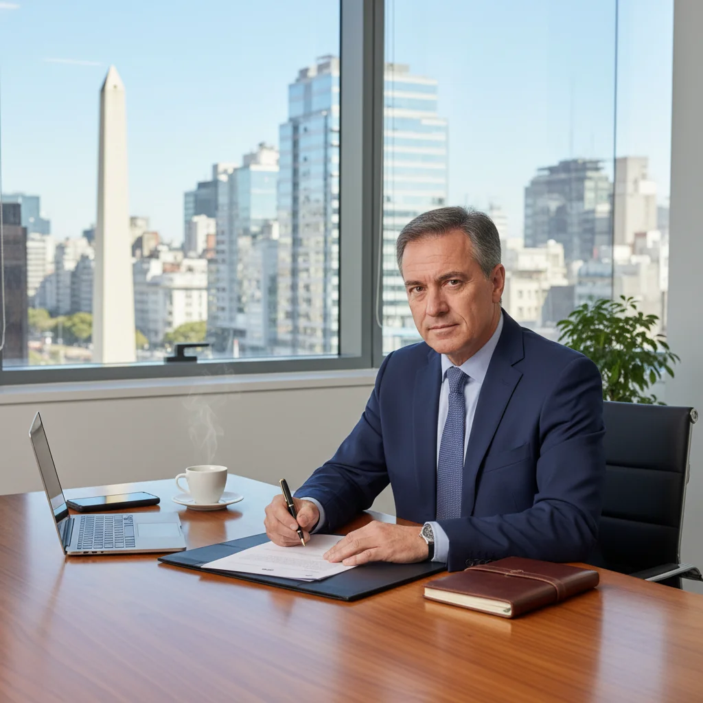 A photorealistic image of a professional adult in a modern Argentine office setting, confidently reviewing and signing important paperwork on a desk, symbolizing the process of completing a sworn declaration. The atmosphere is formal and trustworthy, with subtle Argentine flag elements in the background. No children are present.